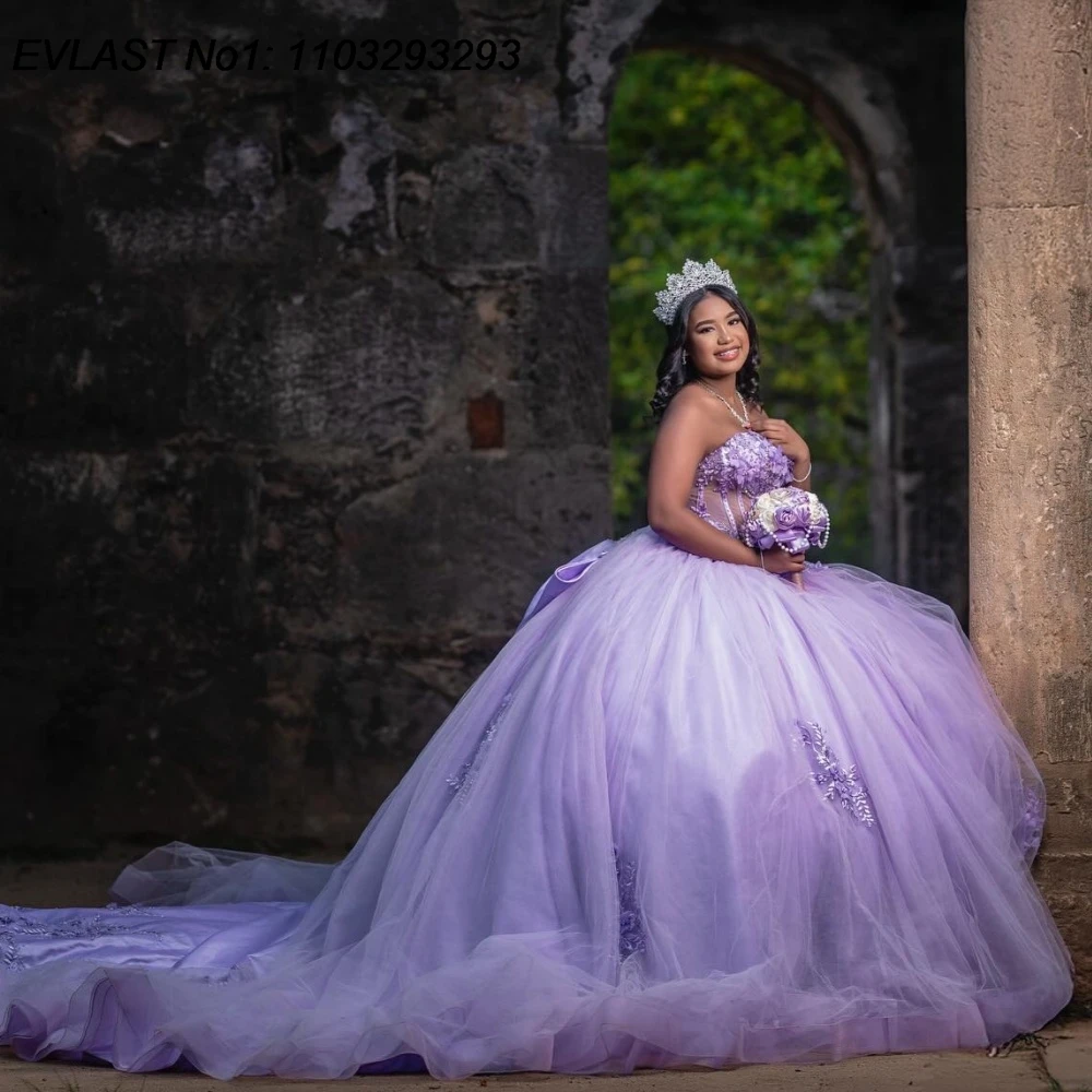 

EVLAST Customized Luxury Lilac Ball Gown Quinceanera Dress 3D Floral Applique Beading Bow Sweet 16 Vestidos De 15 Anos E1QN157