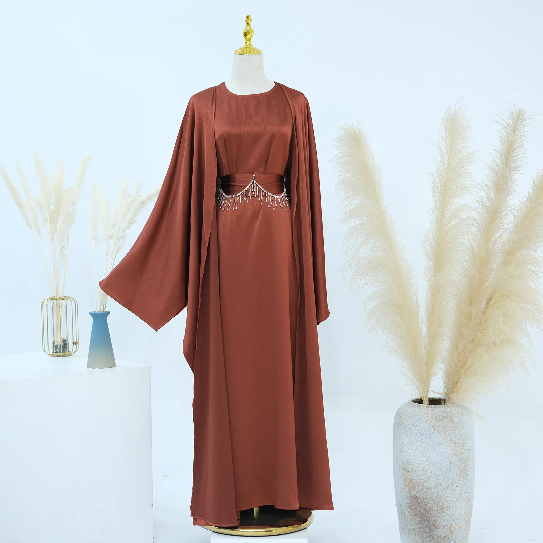 Ramadan Eid Muslim Sets for Women Fashion Matching Suit Kimono Jalabiya Dubai Abaya Turkey Kaftan with Diamonds Chain Robe Dress