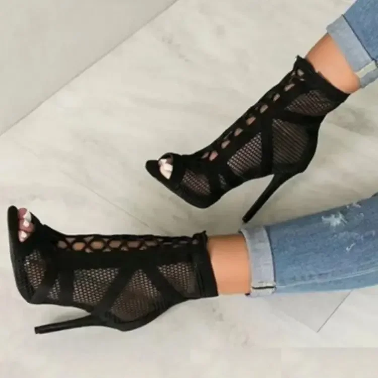 Sandalias de tacón de malla ahuecadas con hebilla de cinturón para mujer, botas de punta abierta con cordones, Stiletto Sexy, zapatos de fiesta de