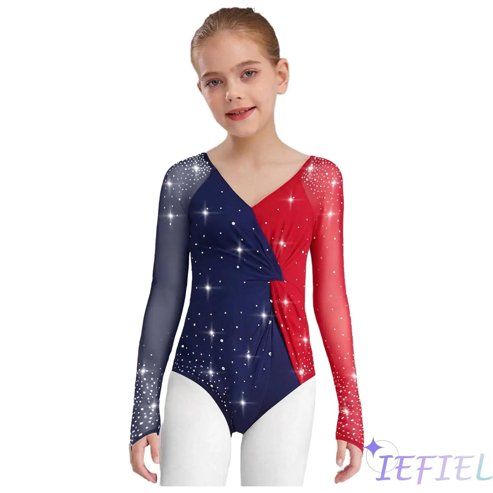 

Girls Ballet Dance Leotard Gymnastics Costume Figure Skating Bodycon Sheer Mesh Cross Knot Shiny Rhinestone Color Block Bodysuit