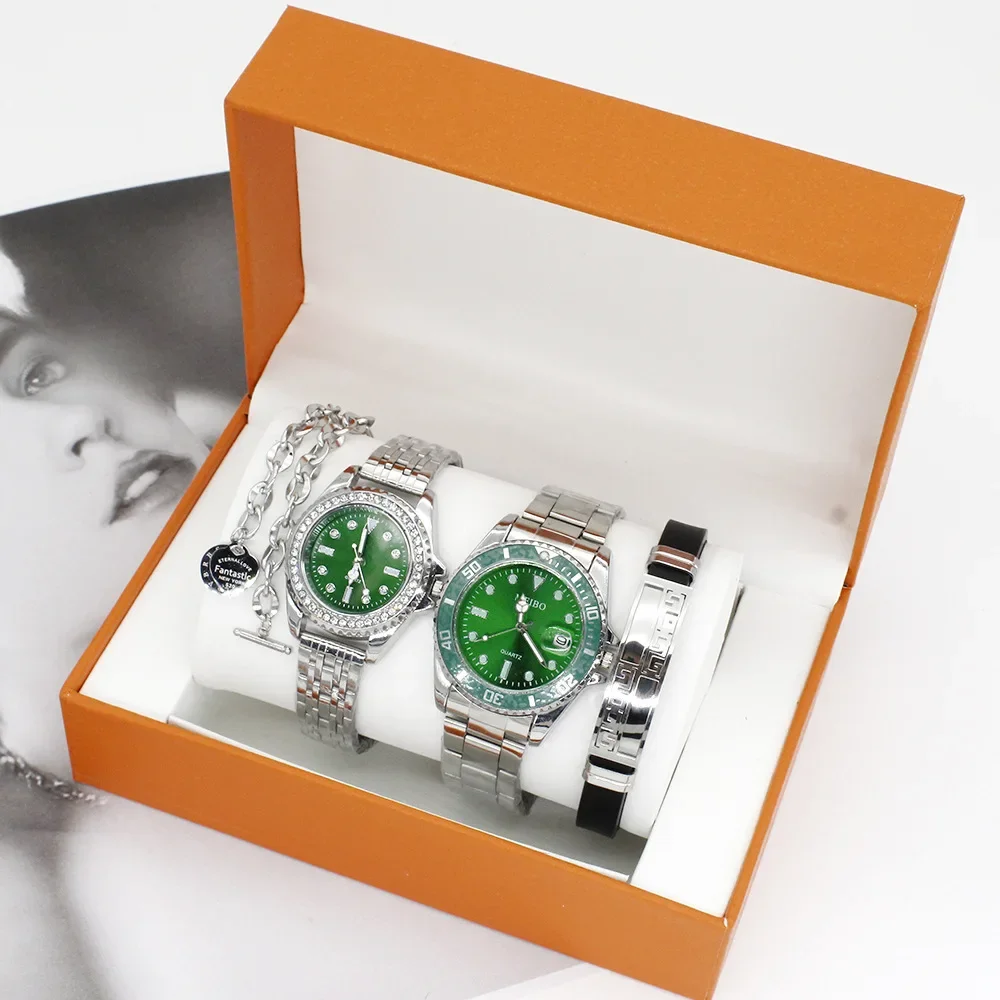 4PCS/Set Couple Quartz Watch Bracelet Set Fashion Valentine's Day Gift Stainless Steel Crystal Watch Men Women Quartz Watch Set