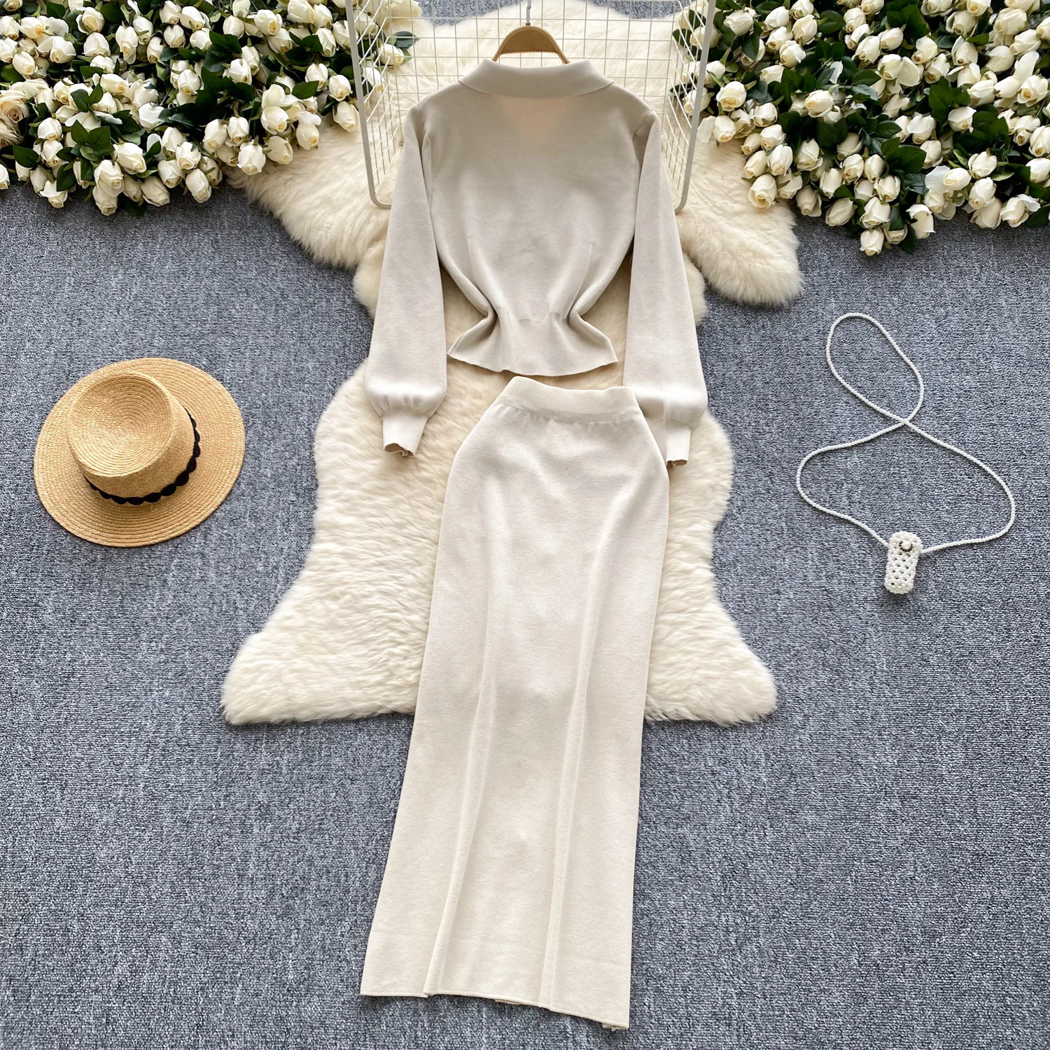 Metal Buckle Lapel Knitted Cardigan Sweater Suits+High Waist Solid Half Skirt Set Autumn Winter Street Women Two Pieces Suit