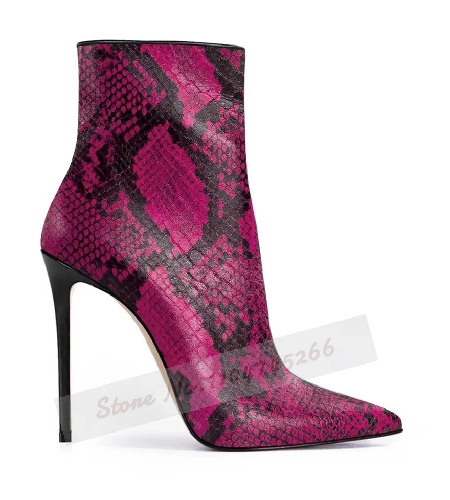 

Leopard Satin Snakeskin Printed Ankle Boots Thin High Heel Pointed Toe Python Booties Zipped Leopard Satin Black Heels Pumps