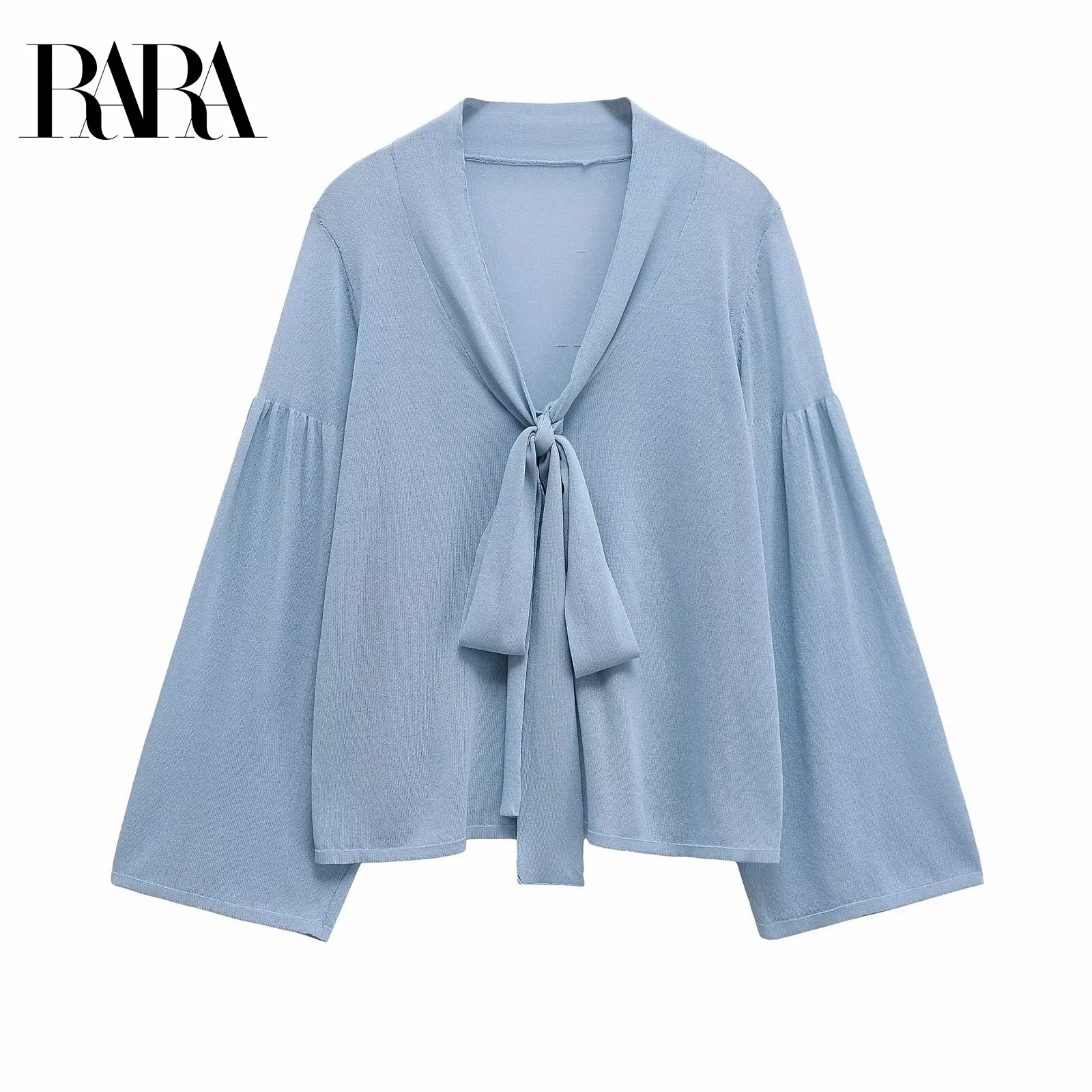 

RARA2025 Summer New Women's French Casual Semi Transparent Bow Decoration V-neck Long Sleeved Knitted Short Shirt