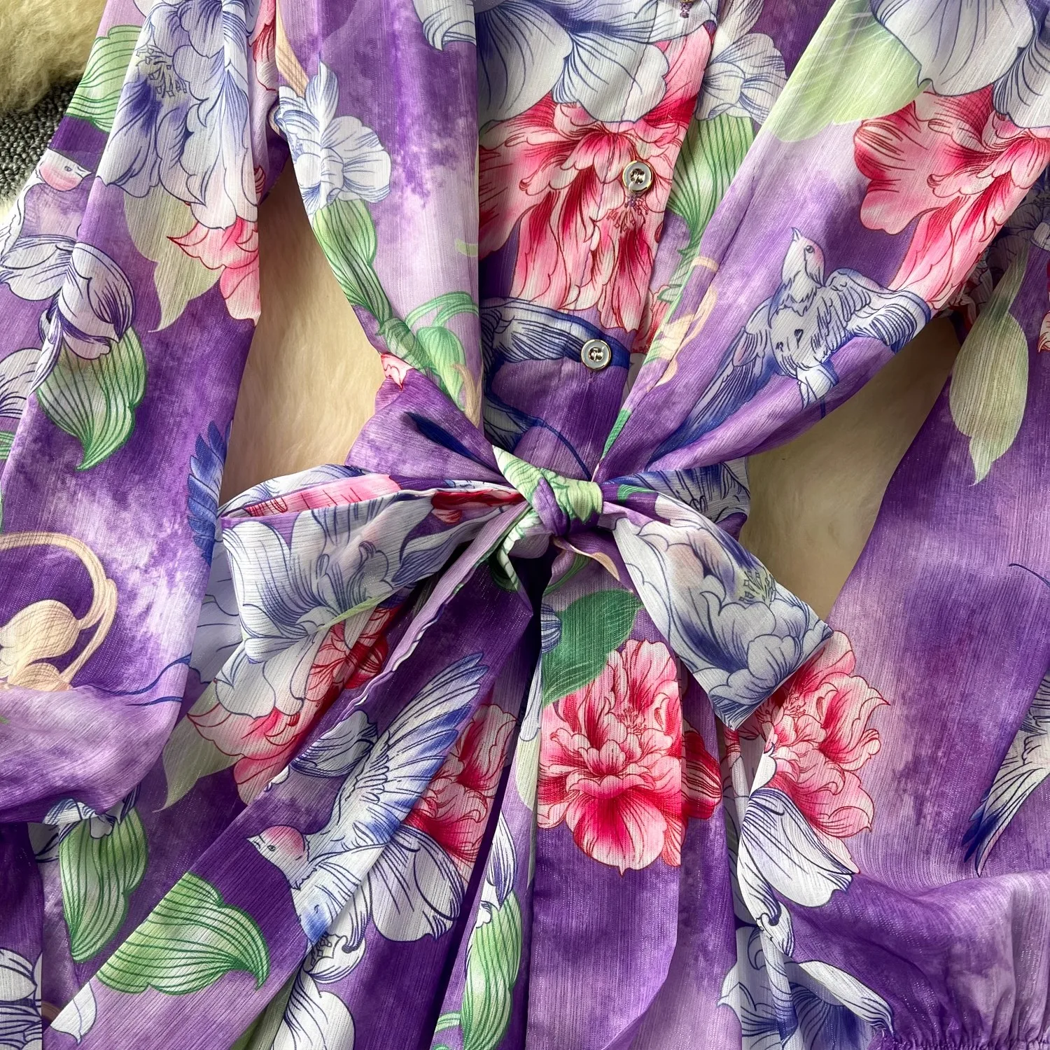 Damska sukienka na co dzień z koszula Midi z długim rękawem nowa projektantka fioletowym kwiatem z nadrukiem w stylu Streetwear z szyfonu