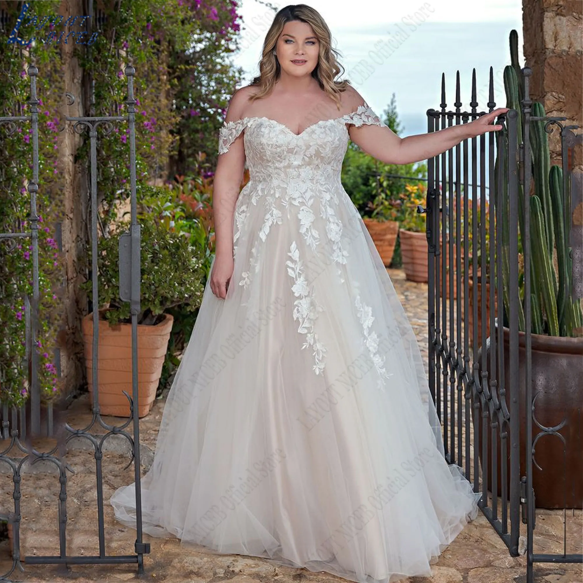 

LAYOUT NICEB Appliques A-Line Wedding Dresses 2024 Off Shoulder A-Line Bride Gown Backless Tulle Plus Size robe de mariée Custom