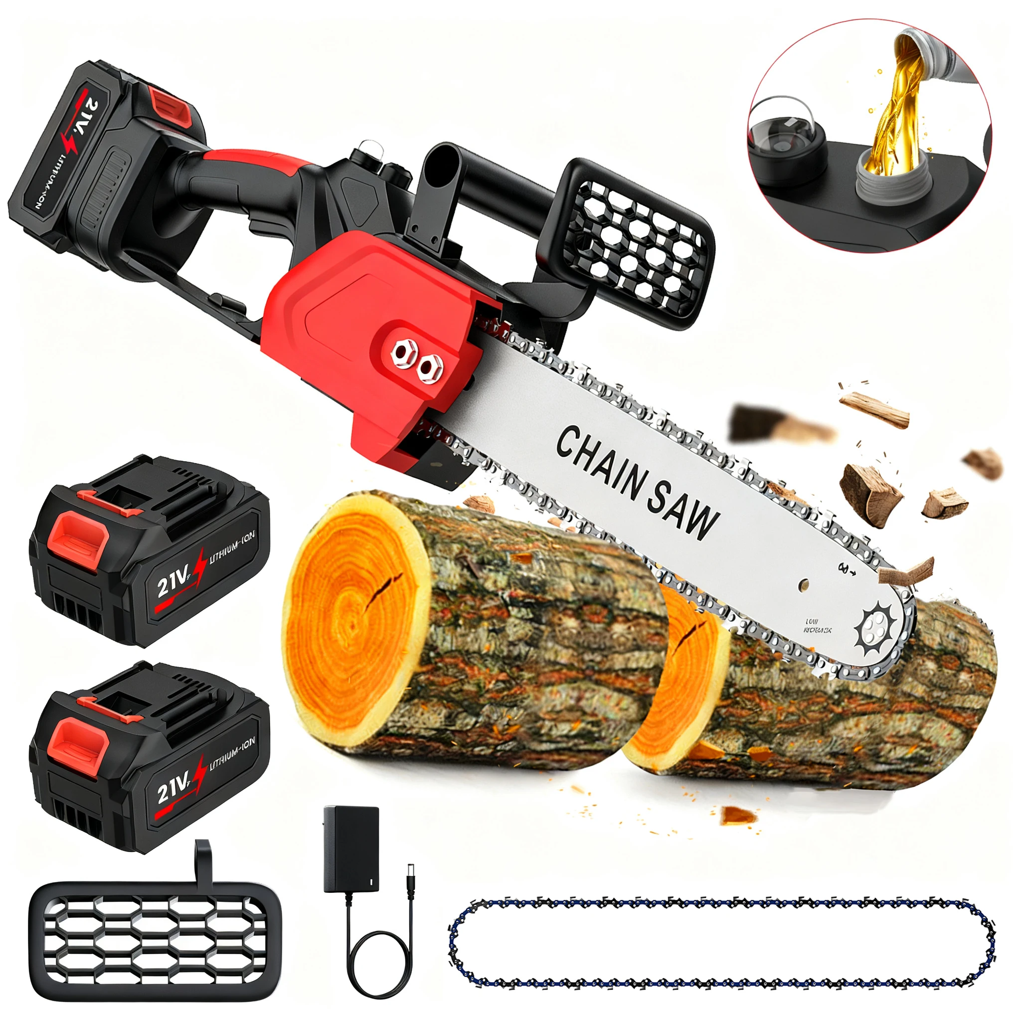 12 inch borstelloze elektrische kettingzaag met olieman, draadloze batterijzaag tuinhoutbewerking elektrisch gereedschap met 2 lithiumbatterijen
