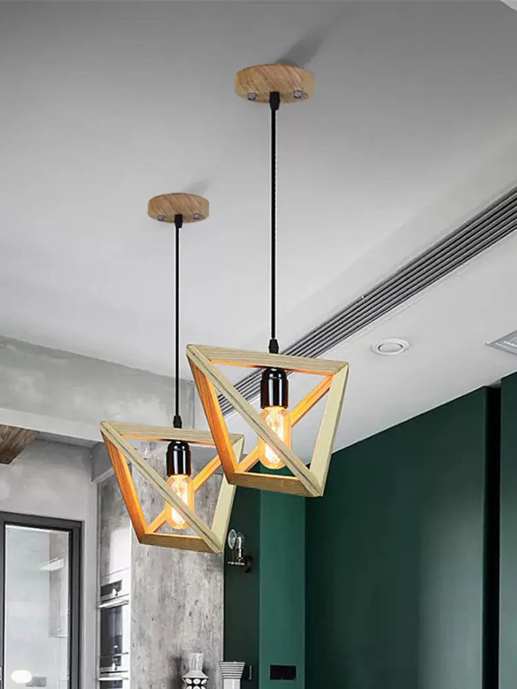 Bois moderne E27 ampoule géométrique suspension nordique maison déco en bois suspension lampe cuisine chambre salle à manger luminarias led