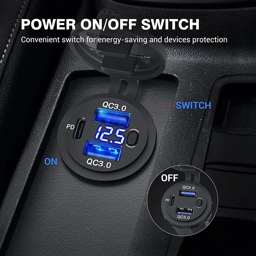 

Qc3.0 Pd Usb Car Charger Socket Waterproof Cover Fast Switch Adapter 12/24v Voltmeter Chargeing Outlet Power Quick Charge W Q9x0