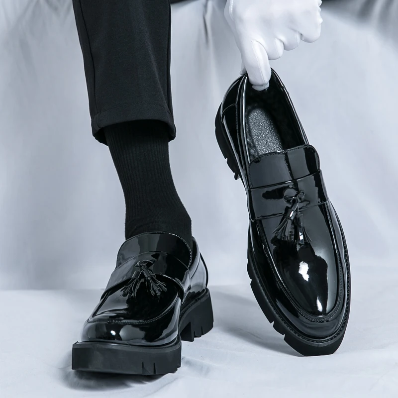 

Patent leather glitter loafers men's British business formal casual leather shoes a slip-on platform elevating bean shoes