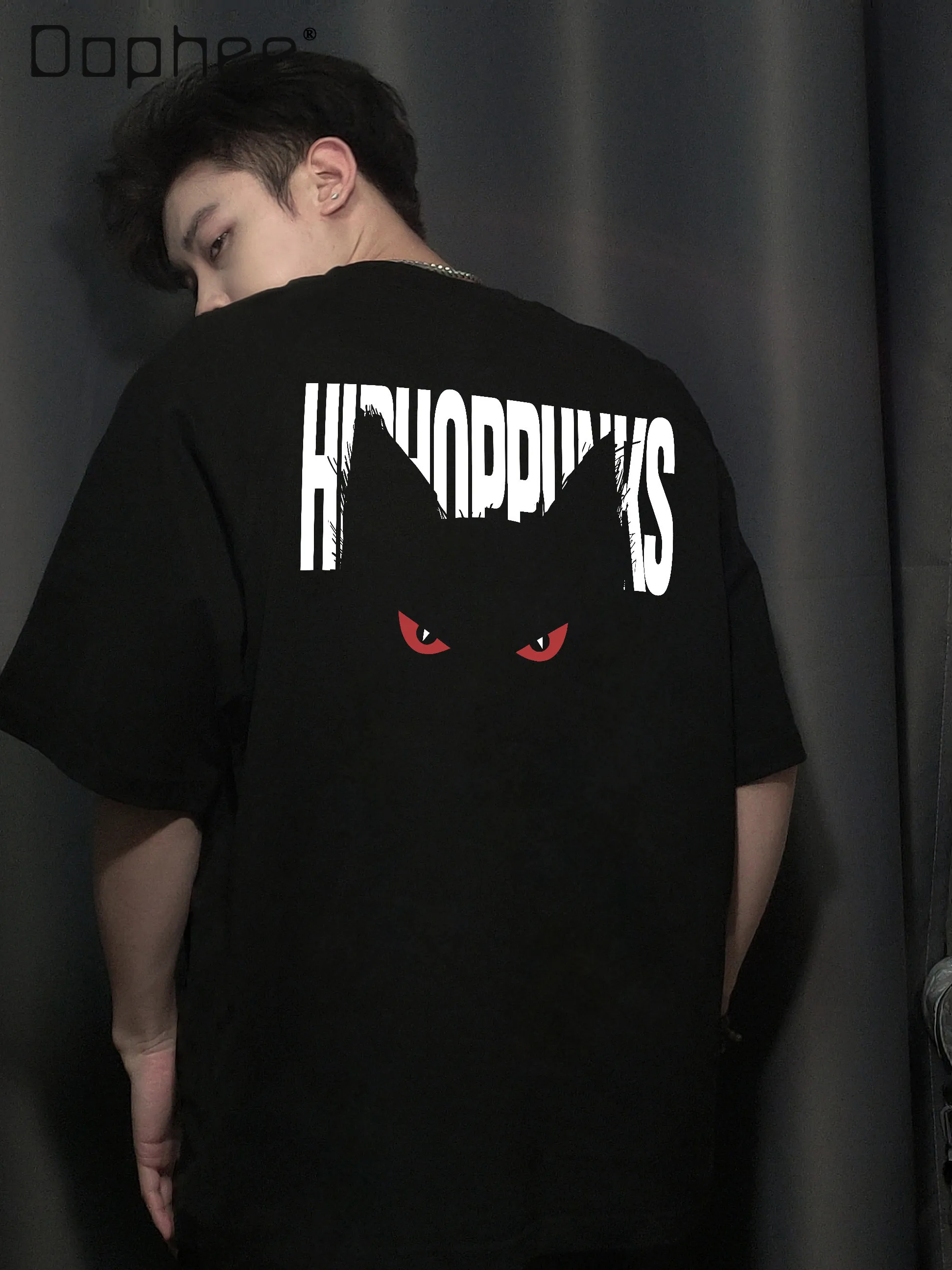 

2026 Summer New American Street Style Men's White and Black Cat Print Loose Casual Round Neck Short Sleeve T-Shirt