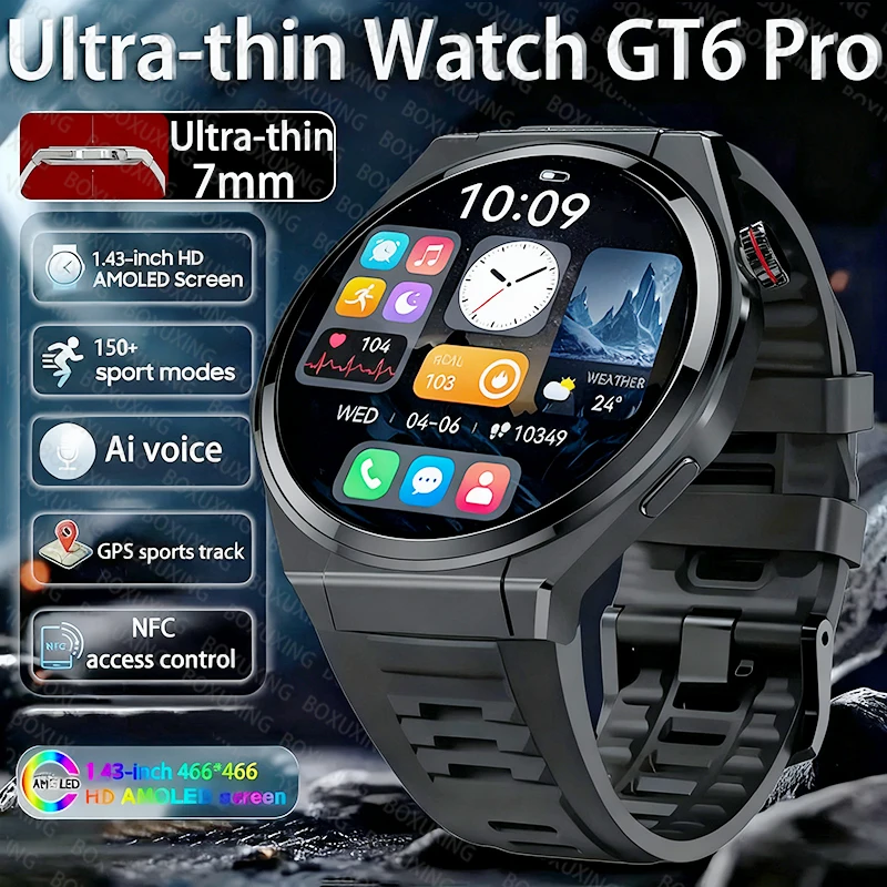 

New Ultra Thin GT6 Pro Smart Watch Men AMOLED 150+Sports IP68 Waterproof Health Monitor BT Call GPS Track Smartwatch For Android