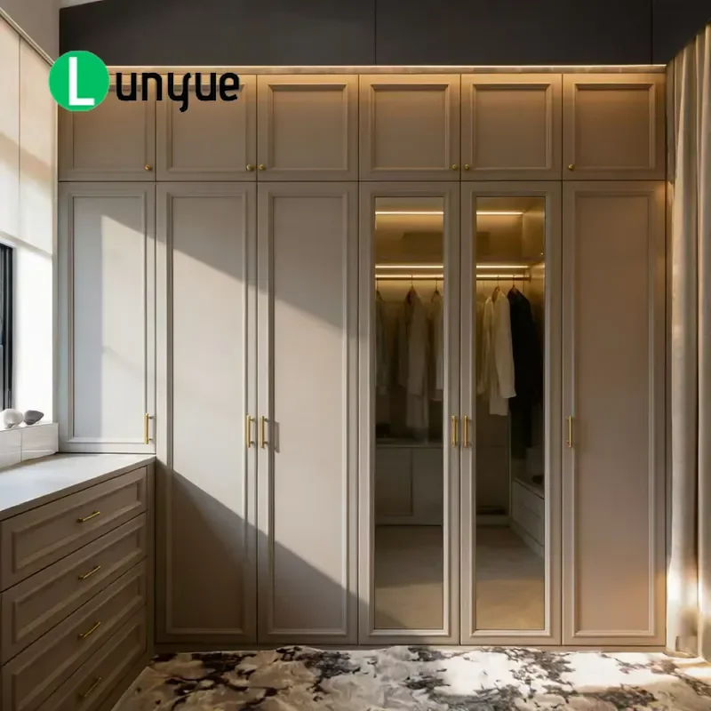 Modern Wooden Wardrobe with Mirrored Doors LED Lighting Hinged Adjustable Storage 3 Drawers 3 Shelves for Bedroom Hotel