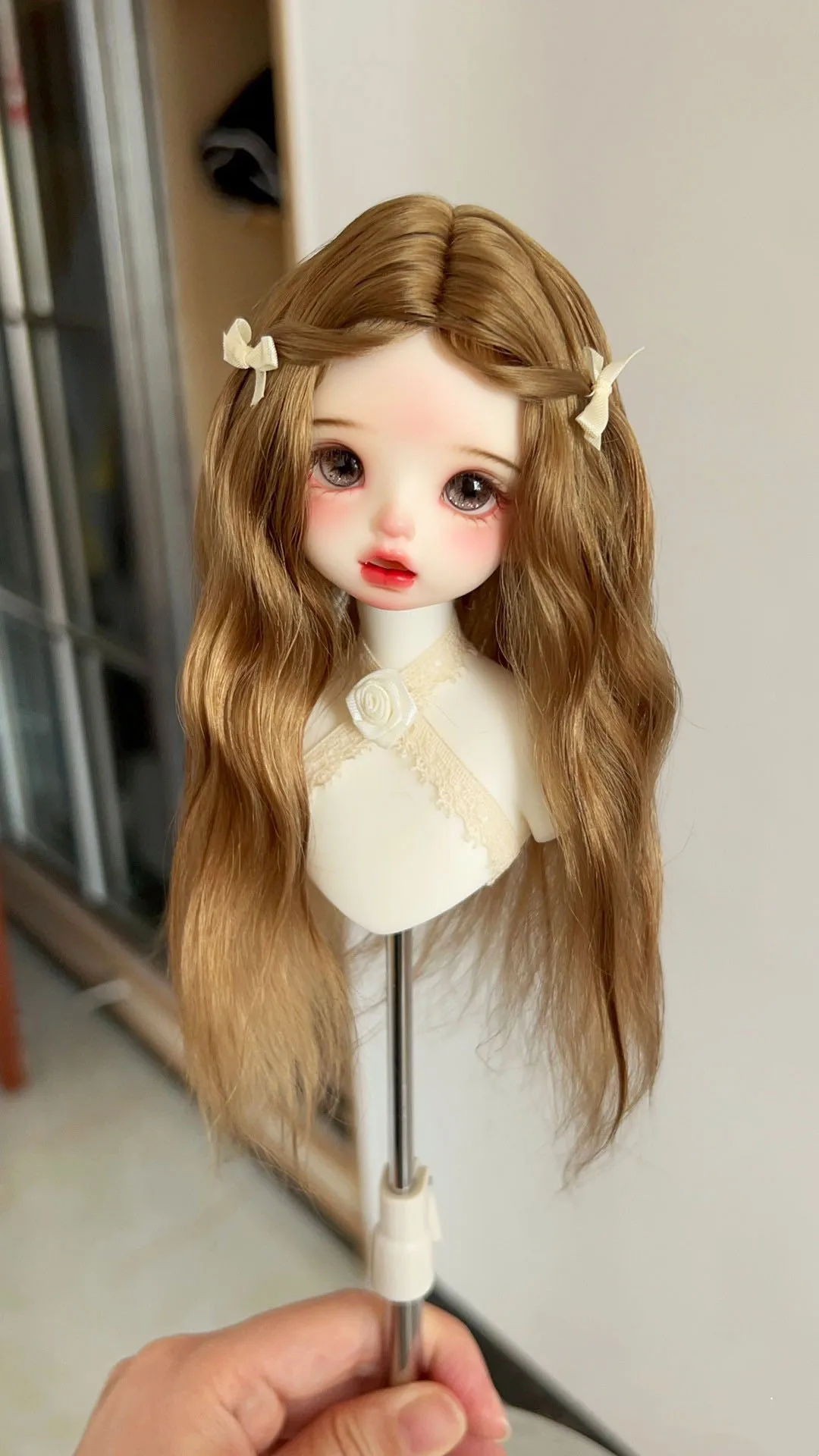 

White Latex Hard Shell 1/6 BJD Doll Hair, Brown Mohair Curly Wig Free Shipping