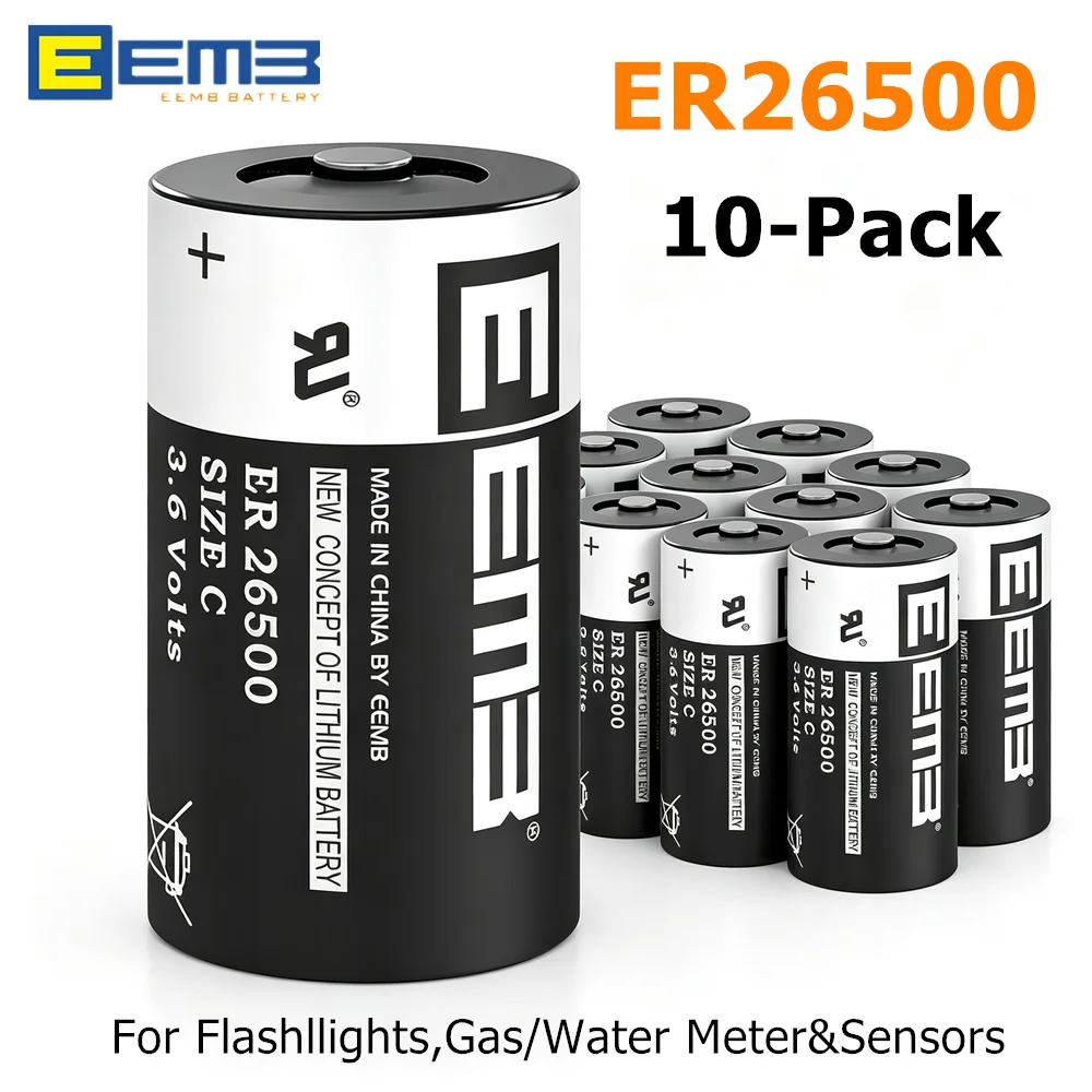 EEMB ER26500 3.6V C Lithium Battery – 10-Pack, Long Shelf Life ER14505 Battery for Flashlights, Gas Water Alarms & Sensors