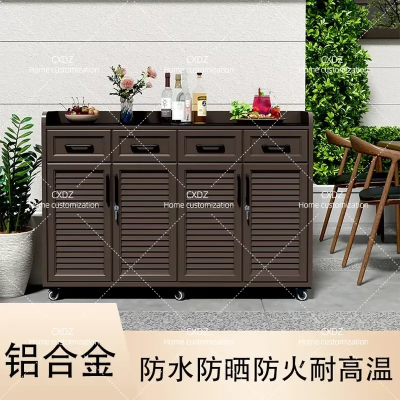 Aluminum Alloy Outdoor Storage Cabinet Waterproof Sunproof Tea Side Cabinet with Wheels Movable Utility Locker