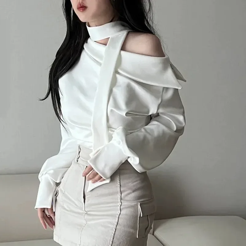 Dongdaemun الراقية يشعر أنيقة ركاب وشاح التلبيب غير المتماثلة مثير خارج على الكتف التخسيس قميص للنساء #3