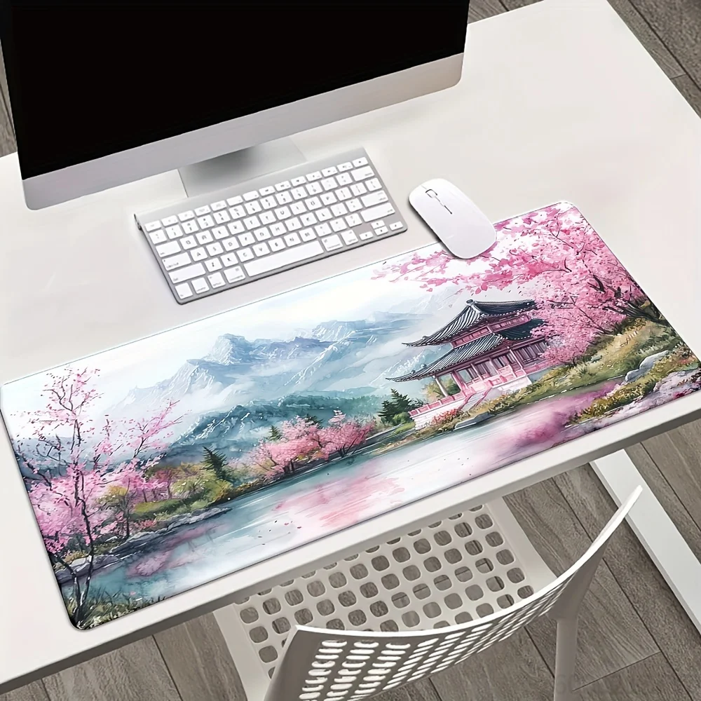 Extra Large Peach Blossom & Cherry Landscape Mouse Pad, Traditional Asian Architecture Rubber Desk Mat