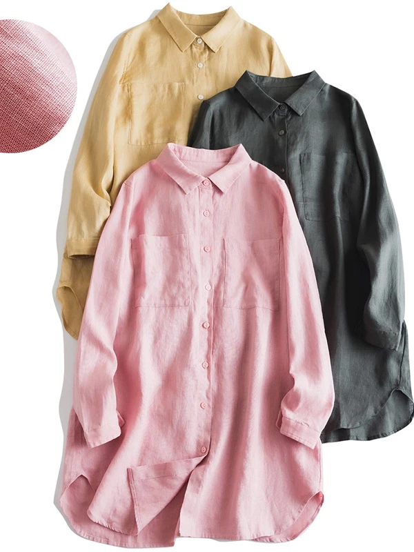 

Ele Pure Linen Long Sve Collar Loose Fit irt with Patch ket Mid-Length Artistic Temperament Top for Commuting