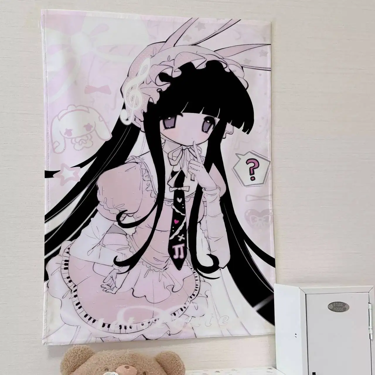 VIKAMA Pink Lolita Girl Wall Tapestry Kawaii Wall Hanging Backdrop Sweet Illustration Dorm Bedroom Aesthetic Room Decor