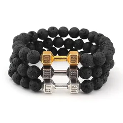 Pulsera Hombre Men Beaded Bracelet Natural Lava Stone Dumbbell Charm Bracelets Energy Fitness Barbell Fashion Women Jewelry