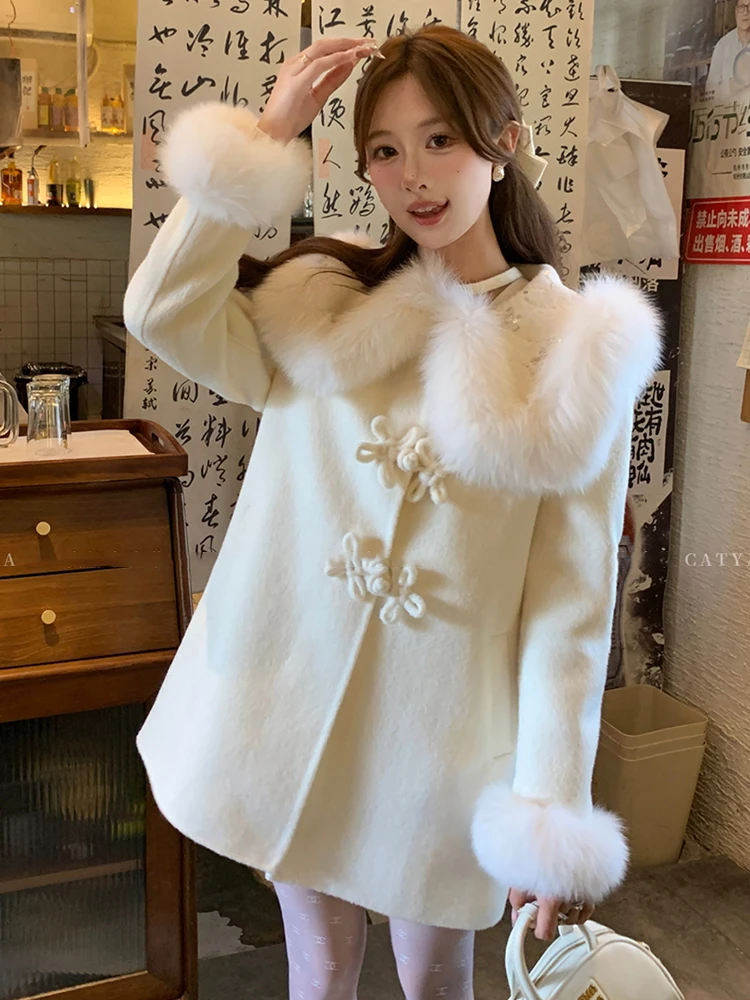 New Winter Women Cashmere Wool Woolen Coat Real Fox Fur Cuff Coat Jacket Natural Fox Fur Collar Ladies Outerwear Streetwear