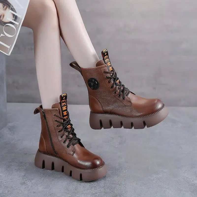 Women's High-Top Fleece Lined  Boots Thick Bottom Genuine Leather Waterproof Summer Fashion Boots round Toe Zipper Closure
