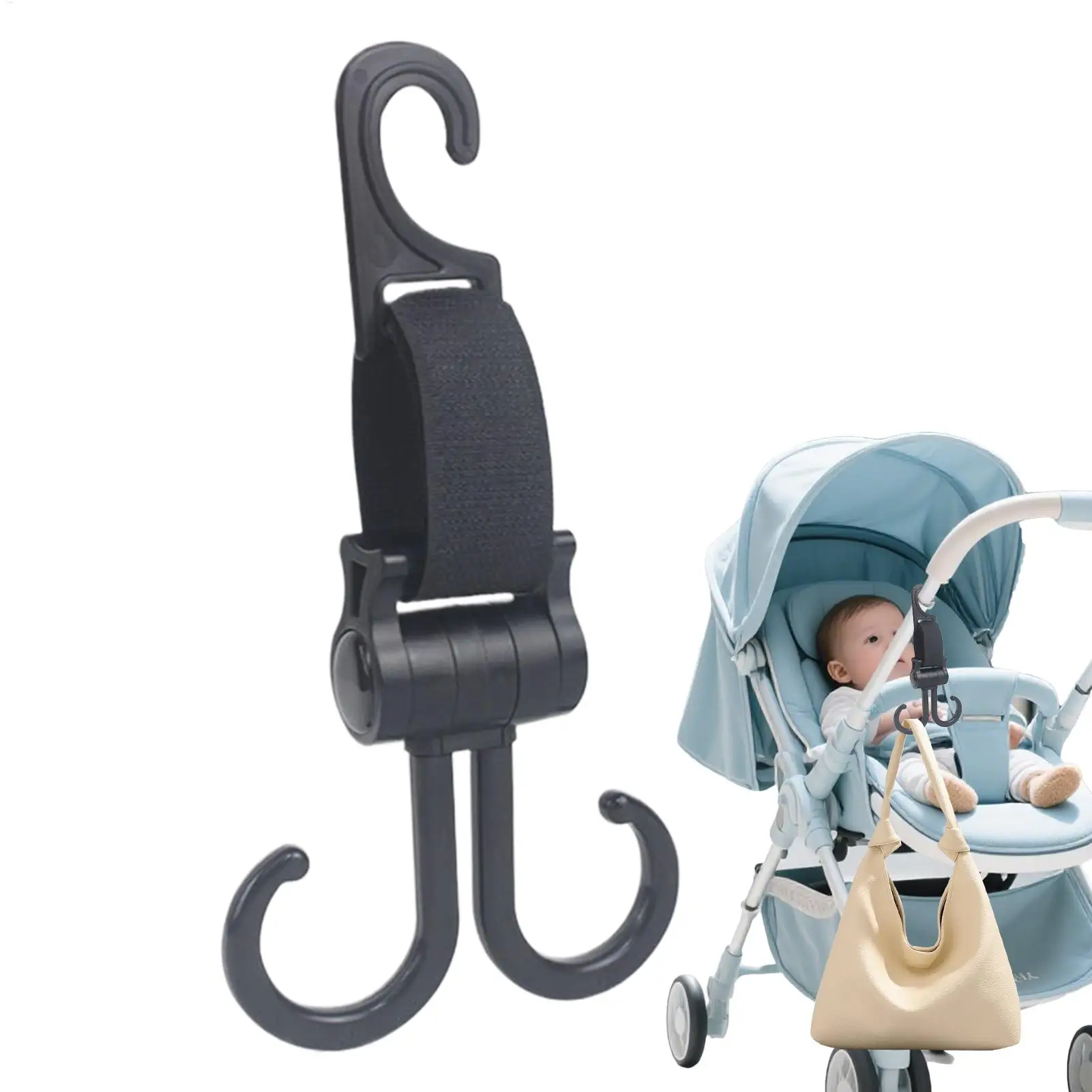 

Stroller Bag Hook Baby Stroller Clips and Hooks Organizers Non-Slip Multipurpose Hangers Rotatable Double Seat Back Organizers