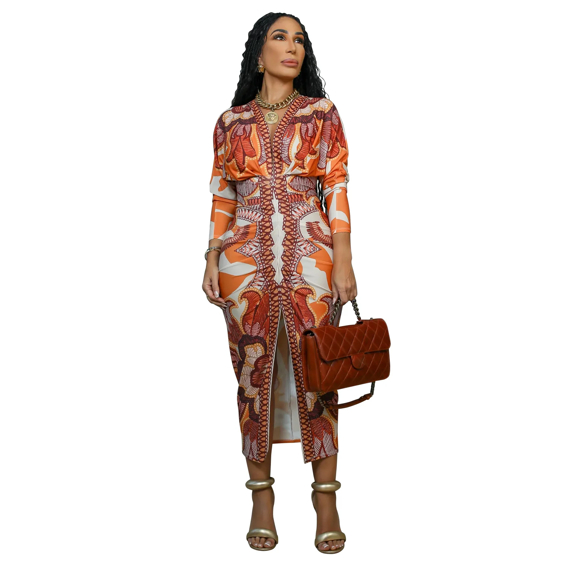 Summer Dress Beach 2024 Swim Wear Swimming Cover Up For Ladies Outing Women's Color Printed Sexy V-Neck Long Sleeve Slit Skirt