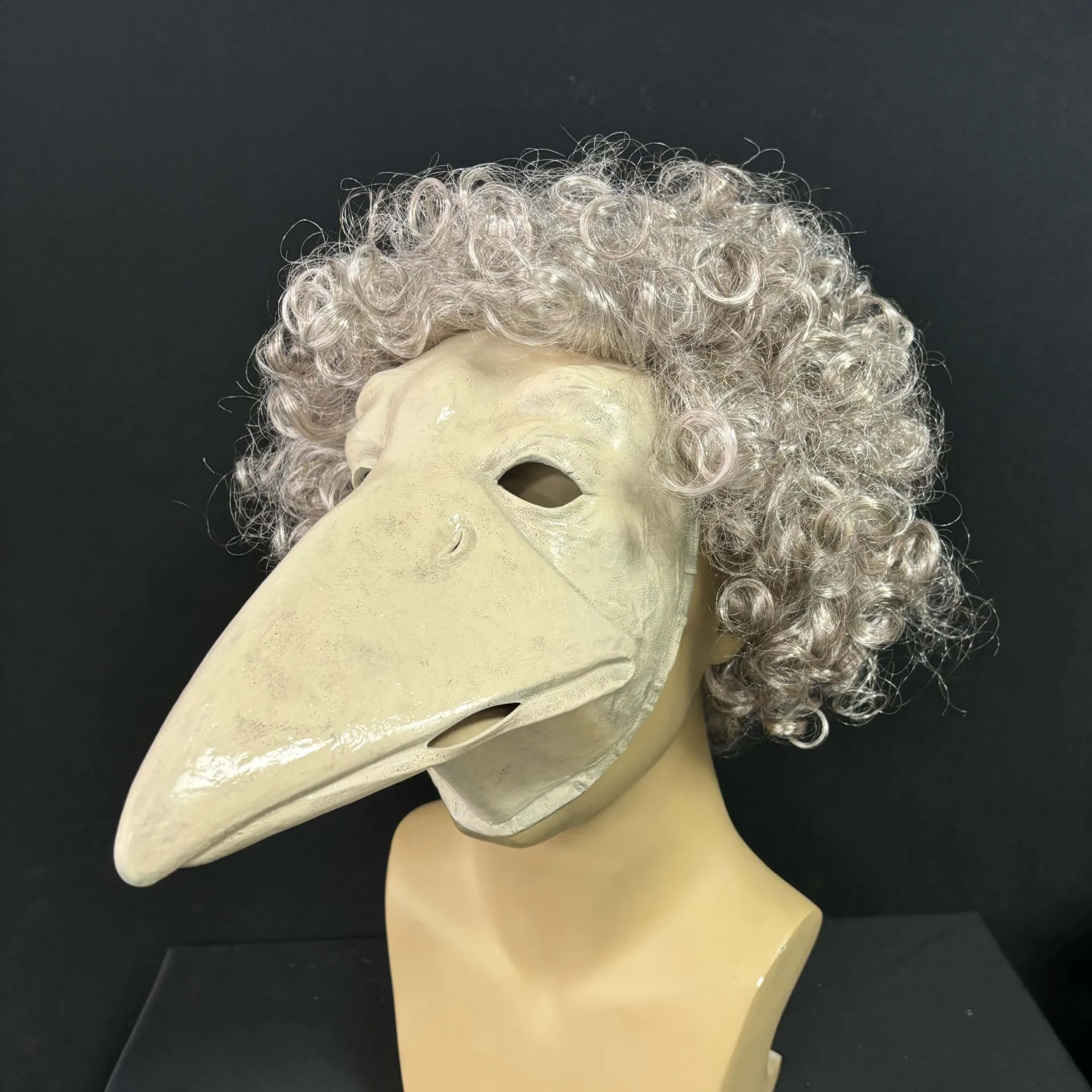 Retro-Vogelgesichtsmaske mit langem Schnabel aus Latex, Vollgesichtsmaske mit gelockter Perücke, Set für Halloween-Cosplay-Party-Kostüm-Requisiten für Erwachsene – Detail 1