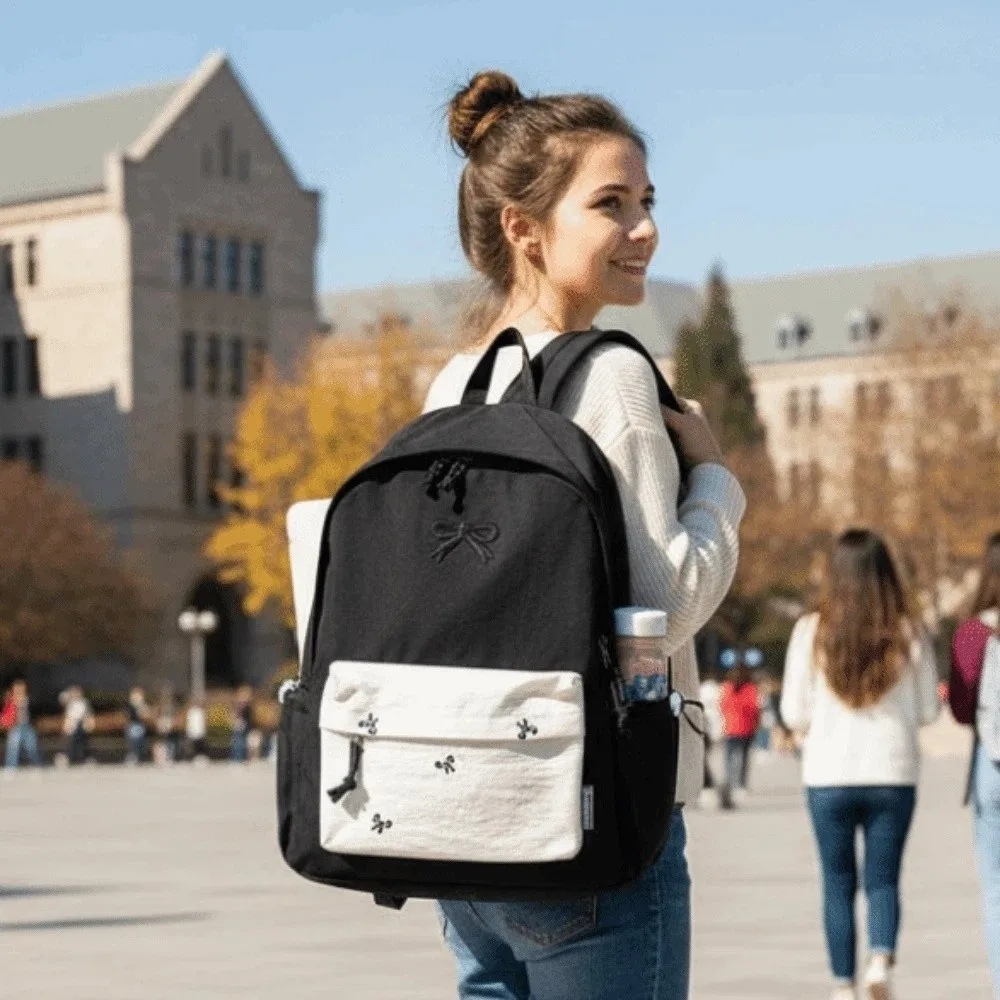 

Daypack Canvas Bow Backpack Casual Embroidered Students School Bag Scratch Prevention Durable Large Capacity Backpack School