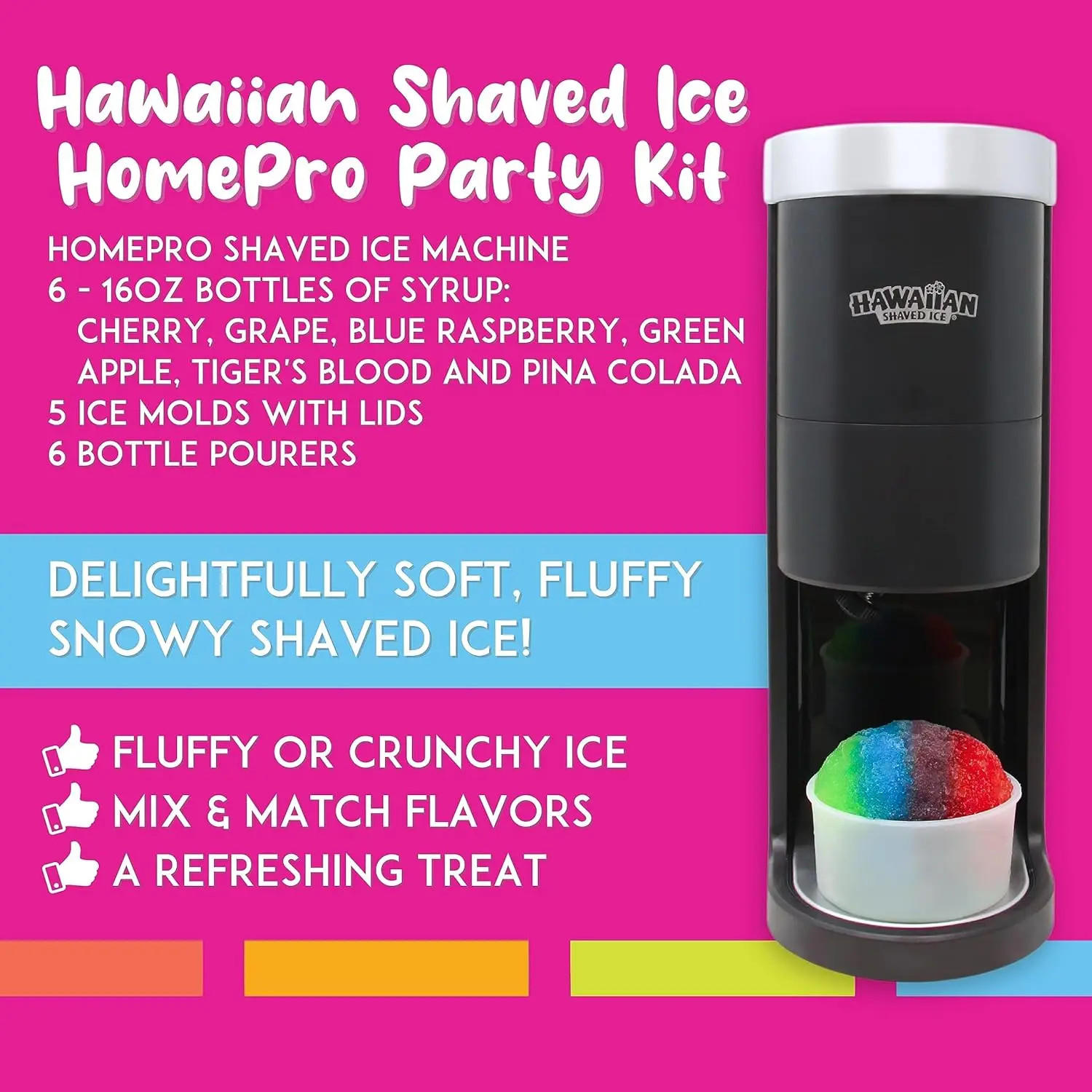 Shaved Ice HomePro Shaved Ice and Snow Cone Machine Kit, 6-16oz. Syrup Flavors Cherry, Grape, Blue Raspberry, Tiger’s Blood