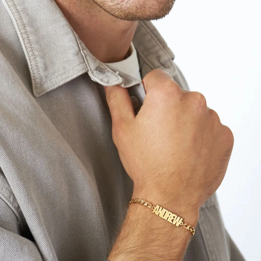 

Custom Men's Name Chain Bracelet in 18k Gold Plating Personalized Stainless Steel Bangle Do Not Fade Cuban Chain Christmas Gift