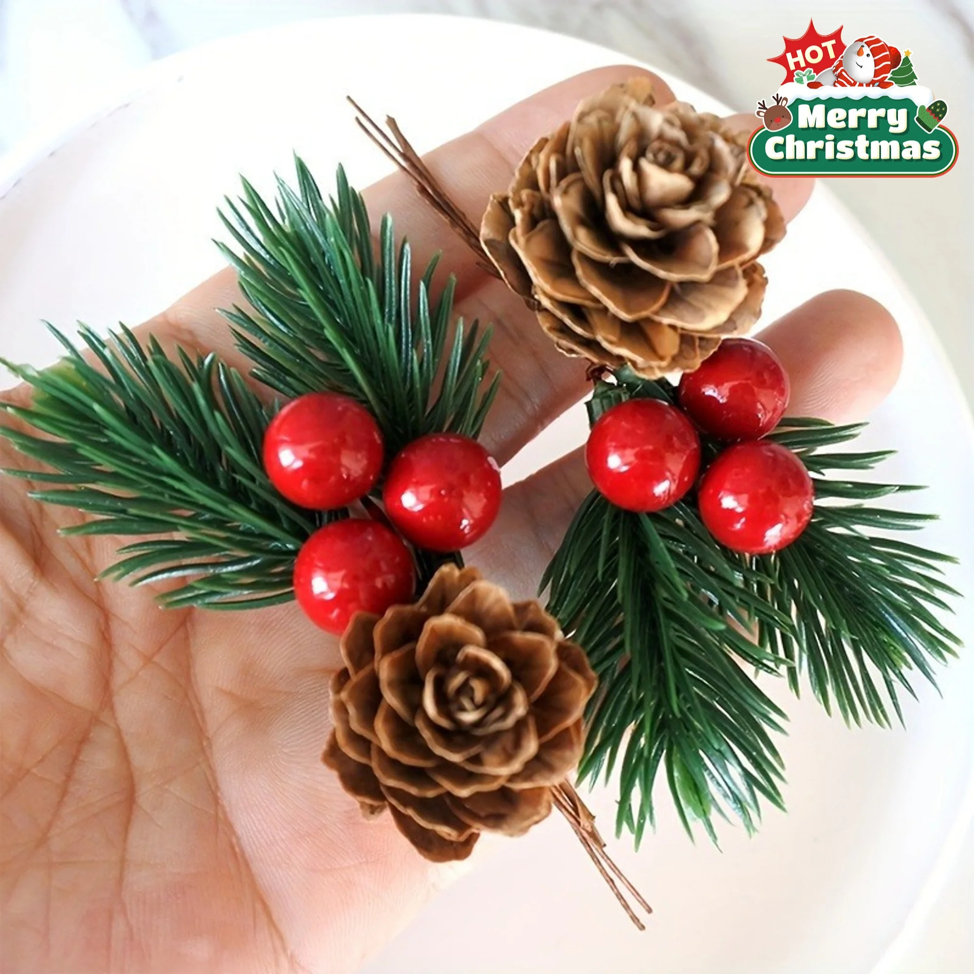 10pcs Set of Artificial Pine Cones and Red Berries - Perfect for Christmas Tree Toppers, Holiday Decorations, and Craft Projects