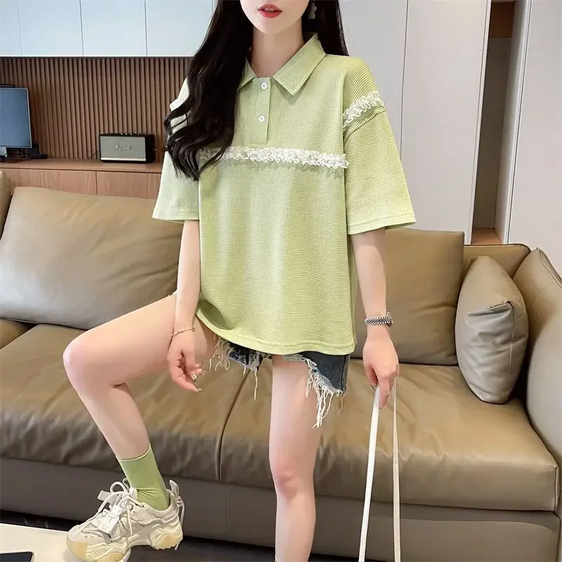 التلبيب زر تي شيرت الصيف الزي قصيرة الأكمام المرأة القمصان عالية الجودة ملابس كاجوال موضة عادي فضفاض كوع تي أنثى