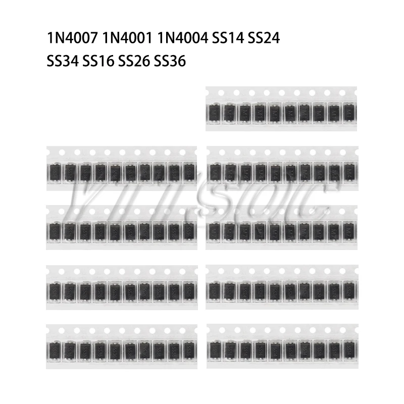 90PCS Gleichrichterdiode 1N4007 1N4001 1N4004 SS14 SS24 SS34 SS16 SS26 SS36 SMD Schottky Diode Sortiment Kit