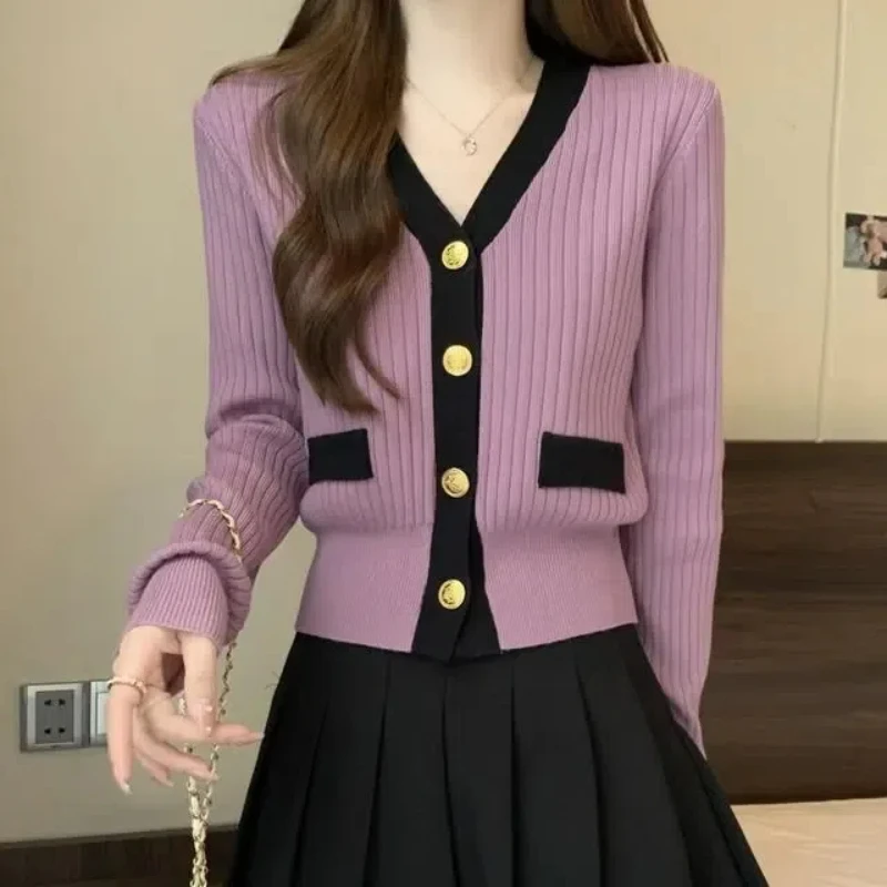 2024 Autumn/Winter Korean Sweet and Fresh Knitted Shirt Cardigan Long Sleeve V-neck Solid Color Spliced Button Women\'s Coat Top