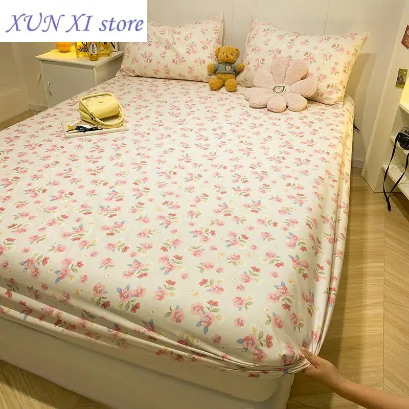 New 1pc Pure Cotton Fitted Bed Sheet With Elastic Cartoon Car Print Bed Cover Single Queen Size Bottom Sheet(No Pillowcase)