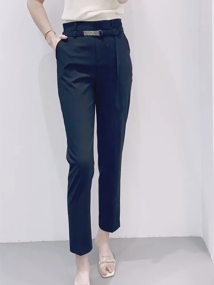 

Long Pants for Ladies 2023 New Summer Beading Belt High Waist Casual Solid Color Ankle-Length Suit Trousers