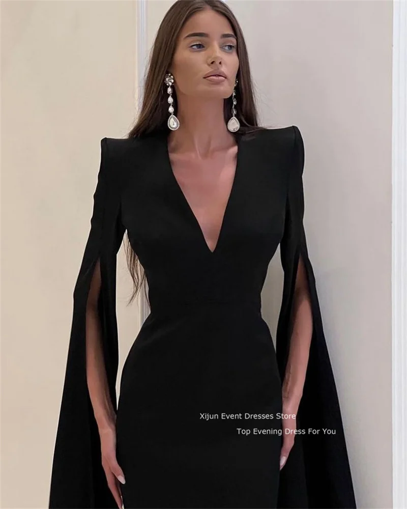 

Verngo Simple Black Prom Dresses Deep V-Neck Formal Evening Dresses Cape Sleeves 2023 Saudi Arabric Party Dresses For Women