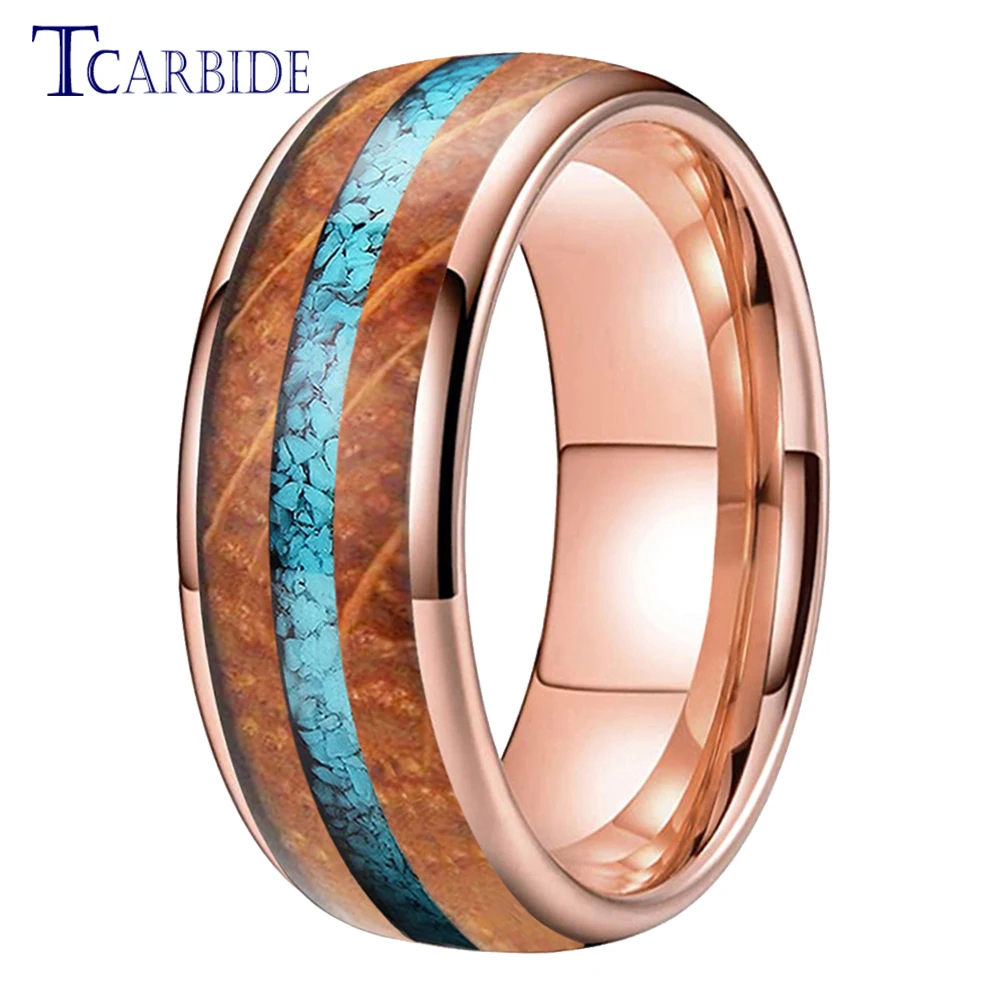 8MM New Wedding Band Tungsten Carbide Ring Whiskey Barrel Oak Wood And Crushed Turquoise Inlay Fashion Gift Jewelry Comfort Fit