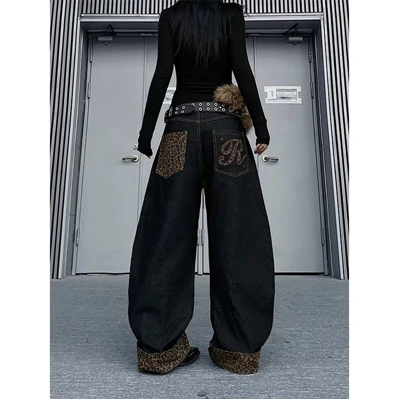 2026 New Women Leopard Patchwork Baggy Jeans High Waist Curved Leg Wide Leg Denim Pants with Embroidered Streetwear Trousers ﻿