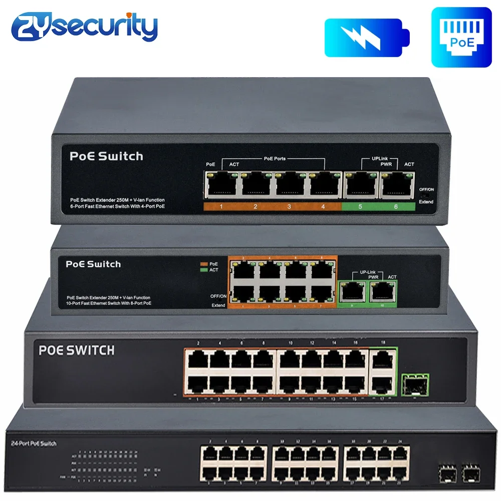 4 8 16 24 Port Poe Switch IEEE 802.3 af/at Power over Ethernet for IP PoE Camera Network Ethernet Gigabit 48V Wireless AP 250M