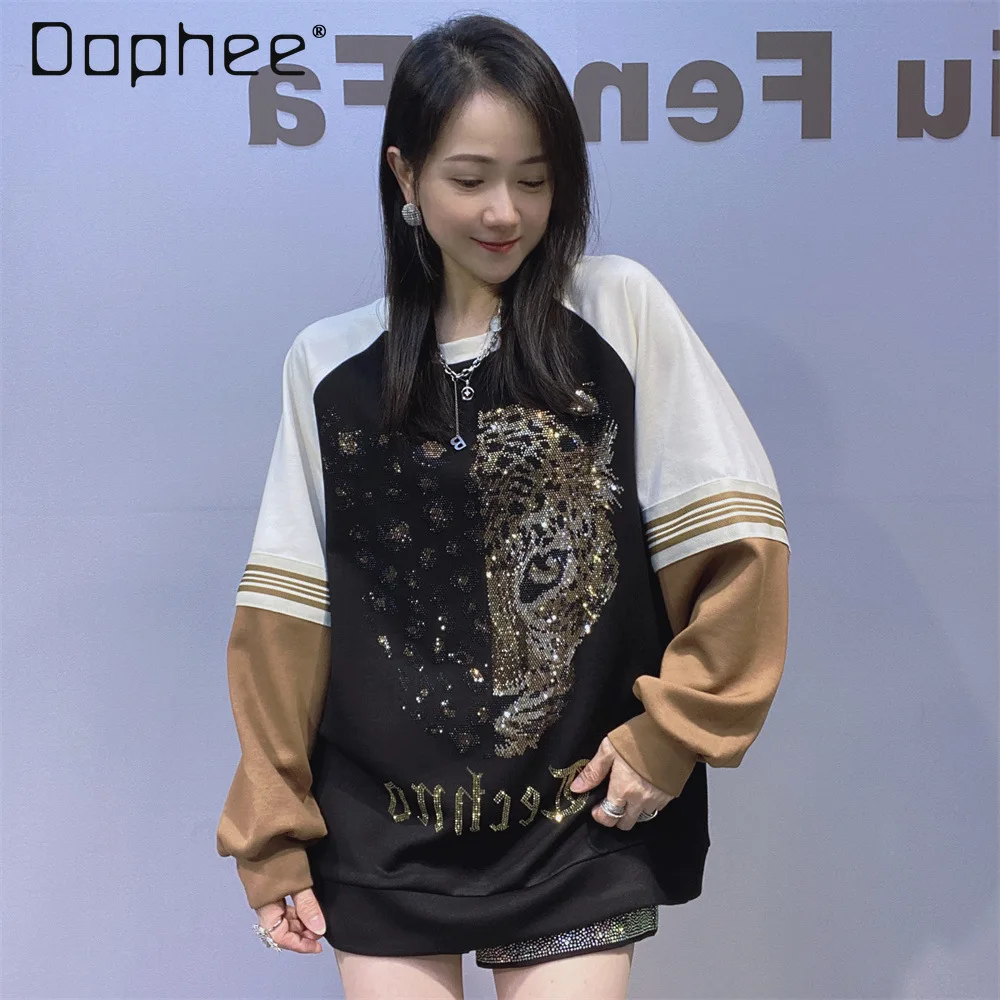 Heavy Industry Hot Diamond Sweatshirt Women Autumn New Pullover Loose Versatile Crew Neck Space Cotton Splicing Color Sweatshirt