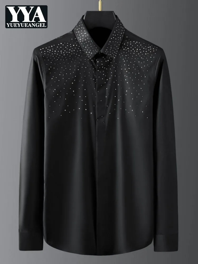 Euro-American Style Male Slim Long Sleeve Shirts Spring Autumn Diamond Men Business Casual Shirt Solid Color Turndown Collar Top
