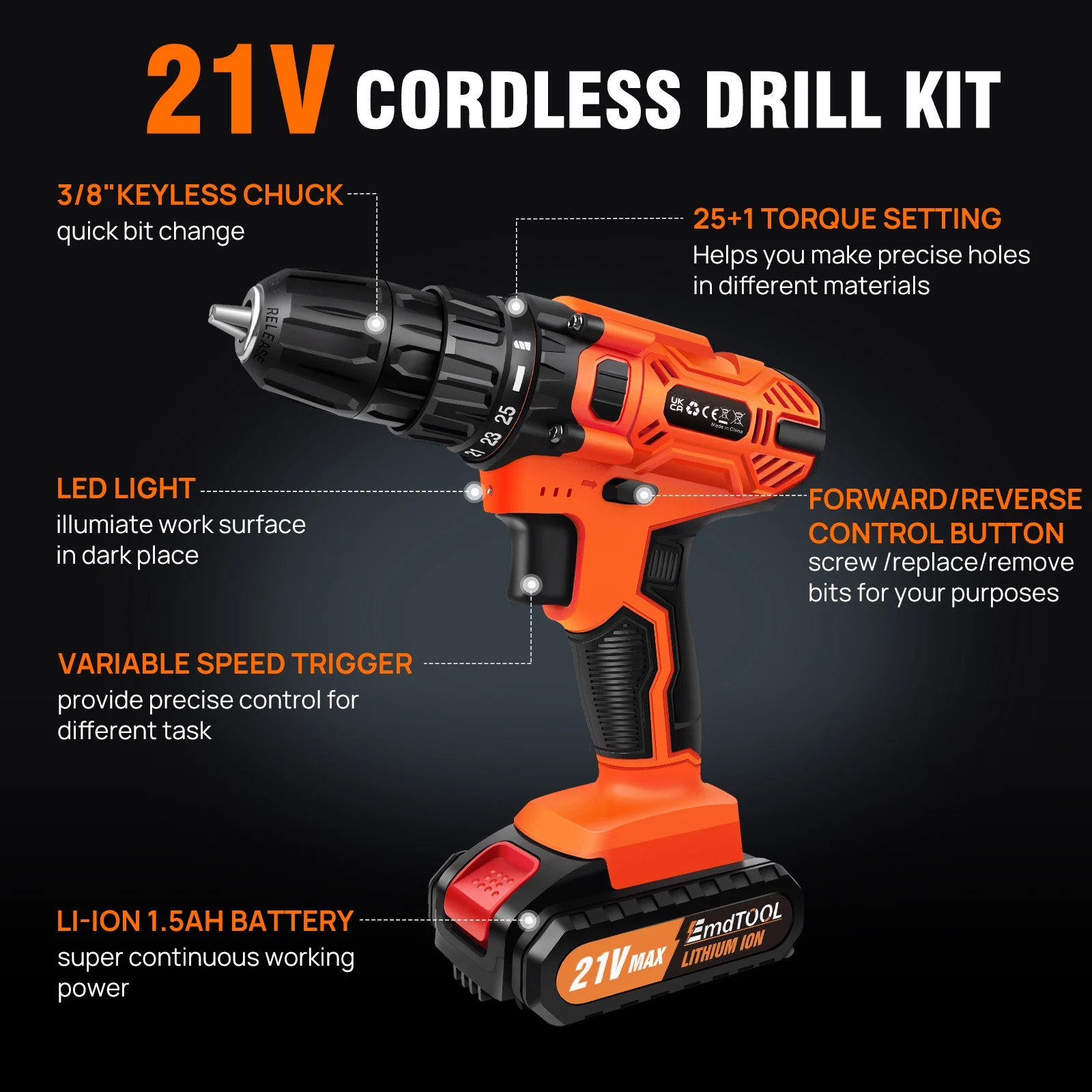 21v Cordless Power Drill Combi Driver Electric Screwdriver Tools Kit,2 Variable Speed 25+1 Torque Setting,29pcs Drill/Driver Bit