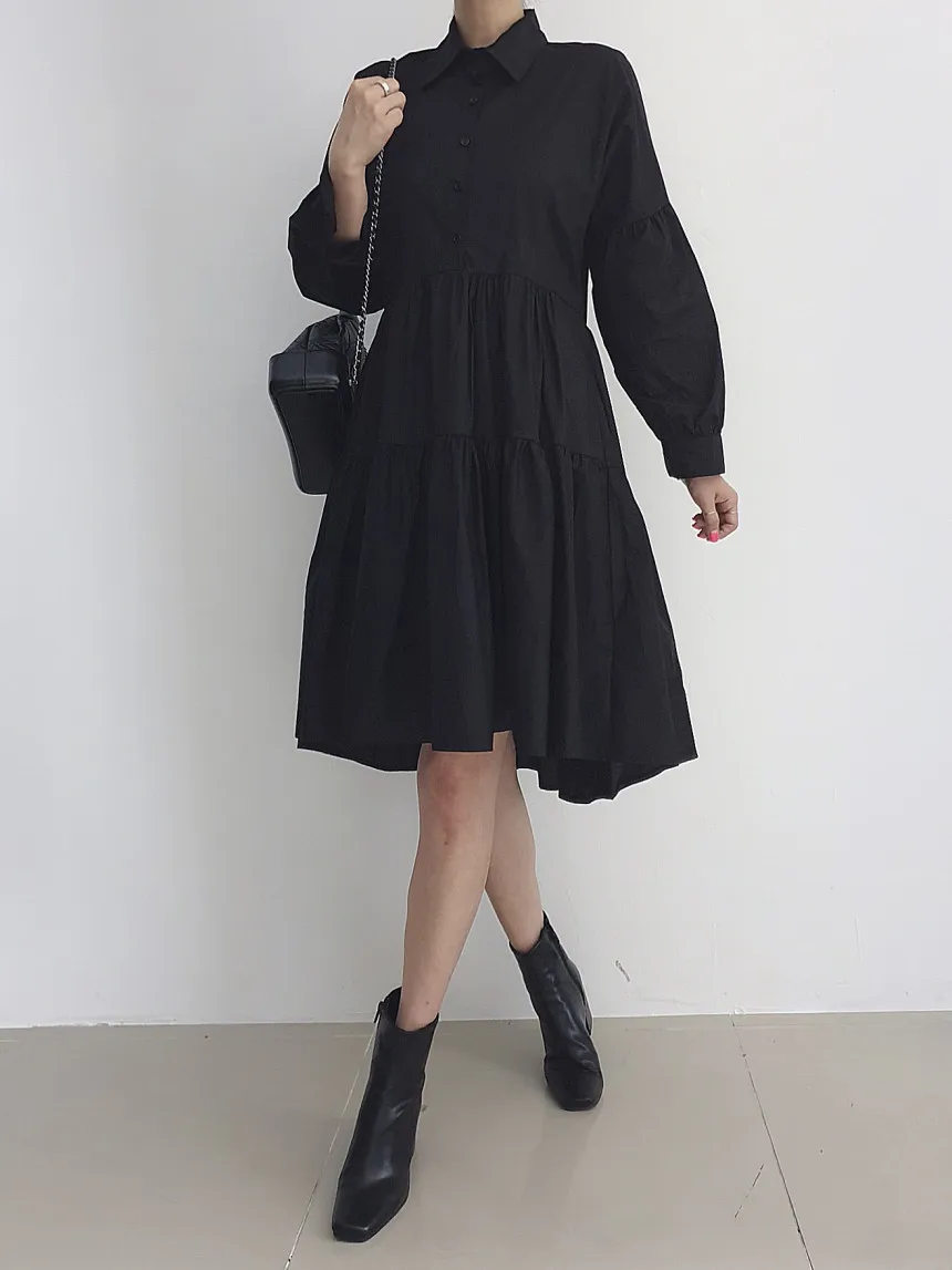 REALEFT, otoño, elegante, manga acampanada, camisas acampanadas para mujer, vestidos con botones y cuello vuelto, vestido informal holgado con paraguas para mujer