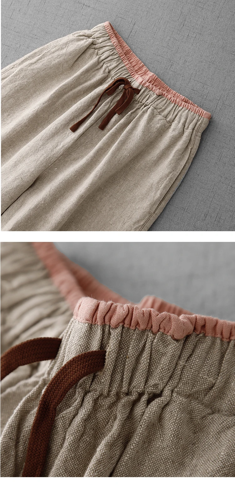 Cotton and Linen Color Blocking High-Waisted Wide-Legged Pants Female Summer New Korean Version of the Loose Temperament Casual