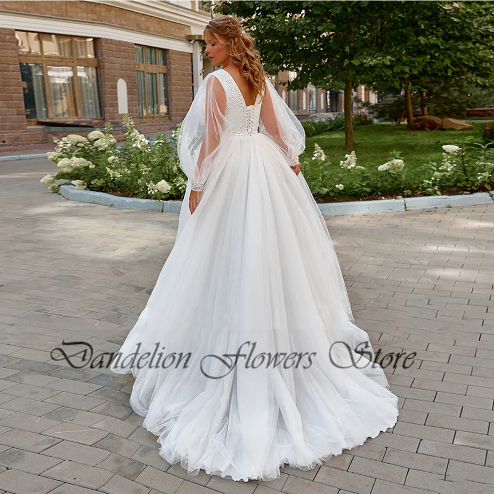 Pastroal Plus Size Wedding Dresses For Bride V-Neck Puff Sleeves Bride Gown Lace Applique Sweep Train A-Line Robe De Mariée