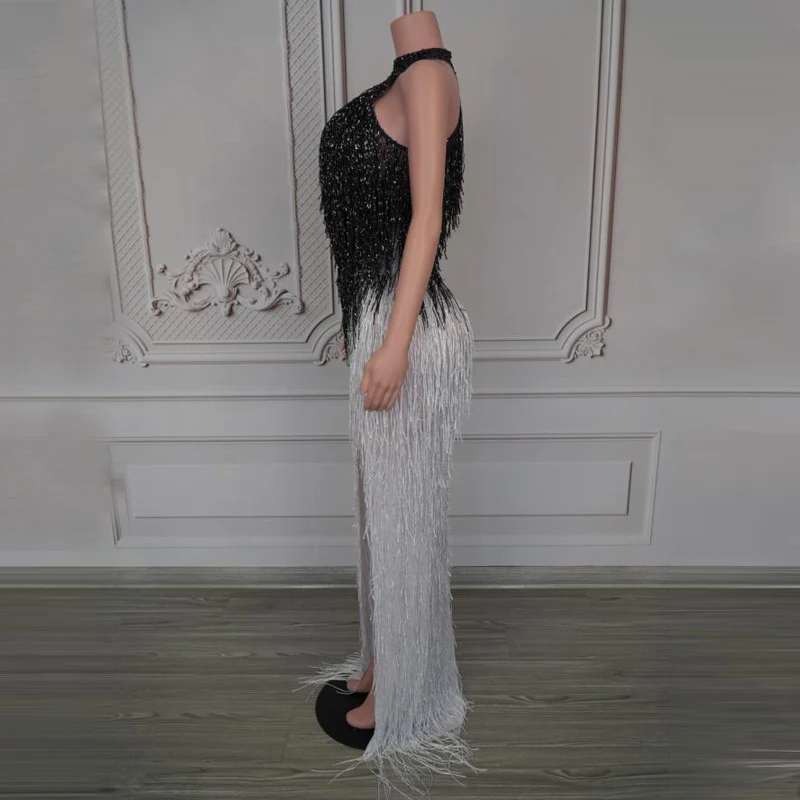 Vestido blanco y negro con flecos degradados para mujer, traje de Festival para Bar y Club nocturno, vestidos de noche para cantante, ropa de pasarela para escenario XS10223